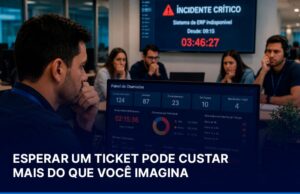 Profissional de TI acompanhando uma tela de monitoramento enquanto uma equipe aguarda a resolução de um chamado, ilustrando o impacto da demora no suporte, perda de produtividade e continuidade operacional.