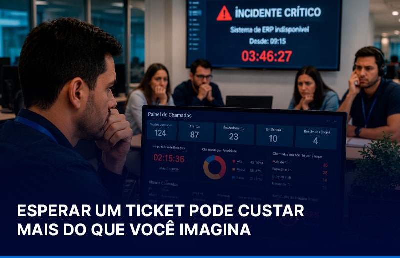 Profissional de TI acompanhando uma tela de monitoramento enquanto uma equipe aguarda a resolução de um chamado, ilustrando o impacto da demora no suporte, perda de produtividade e continuidade operacional.