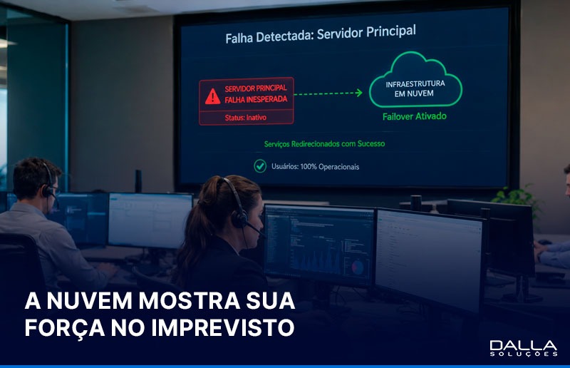 Equipe de tecnologia acompanhando a estabilidade da infraestrutura em nuvem durante uma situação inesperada na operação.